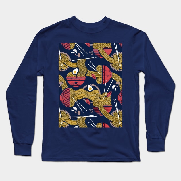 Noodles connection // pattern // midnight blue background teal and red bowls yellow pasta Long Sleeve T-Shirt by SelmaCardoso